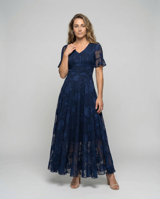 Damen Abendkleid Chiffon Florale Applikation - Eveloria
