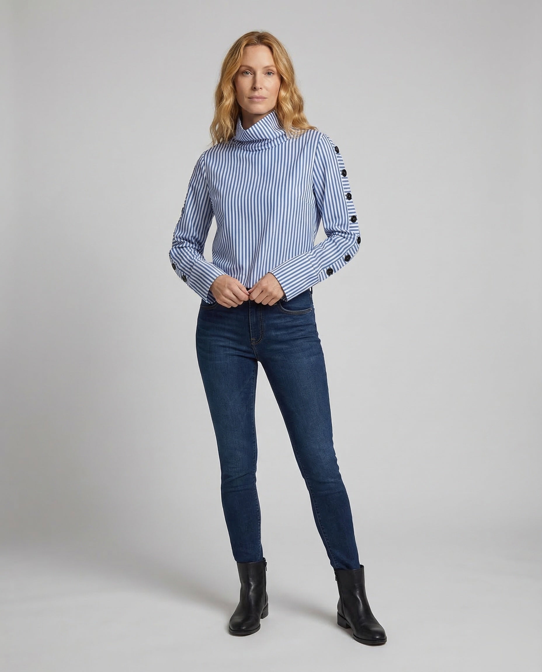 Damen Oversize Bluse Stehkragen Zierknöpfe - Eveloria