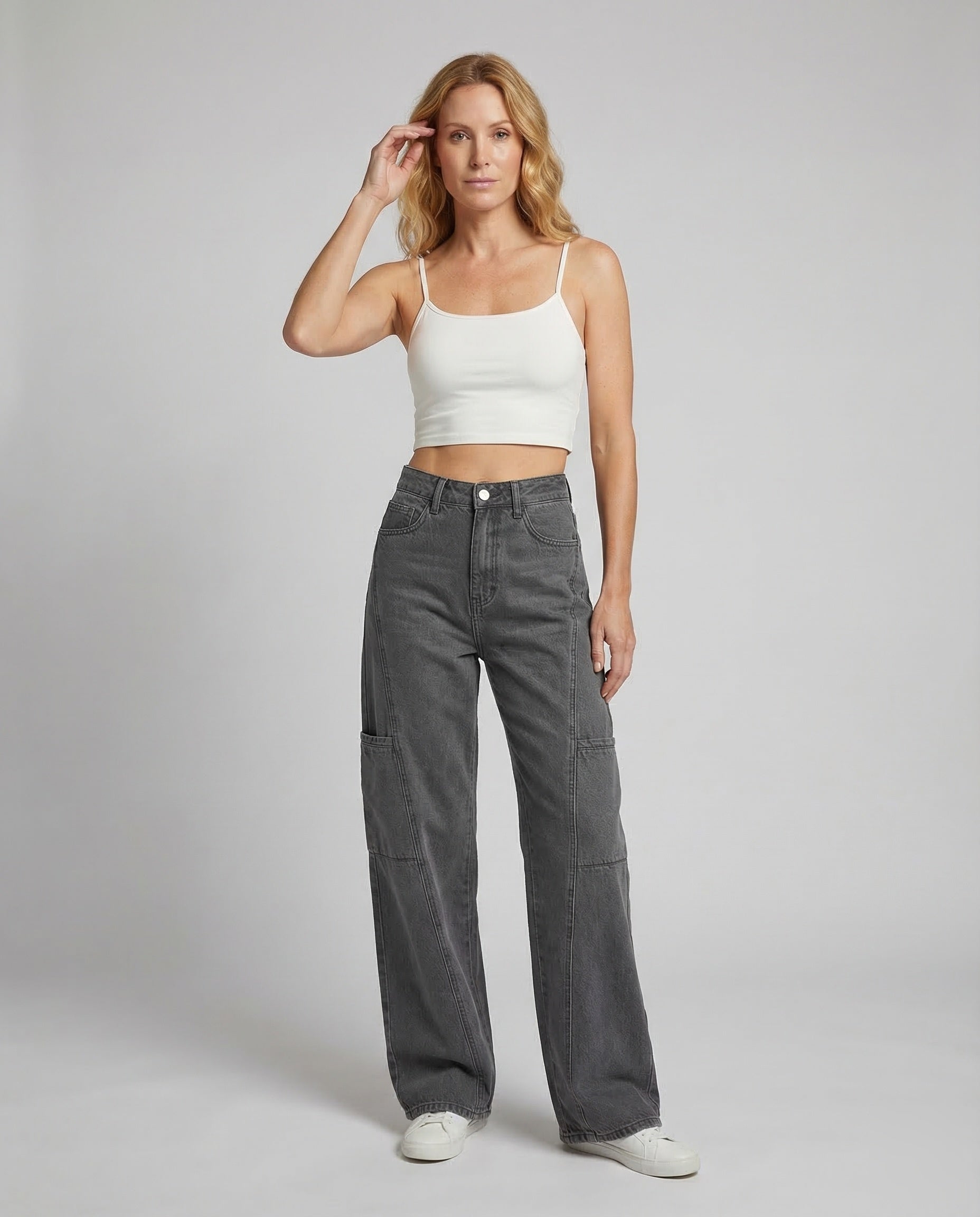 Damen Weite Jeanshose mit Cargotaschen - Eveloria