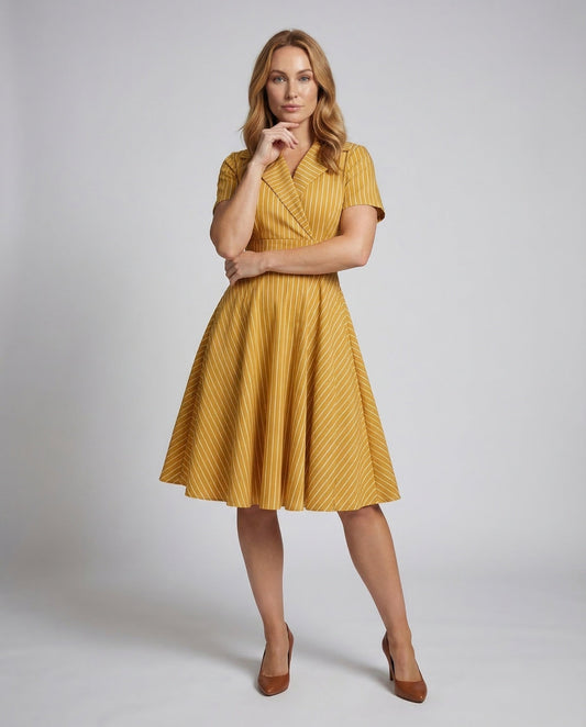 Damen Schwingrock Kleid mit Reverskragen Schwarz - Eveloria