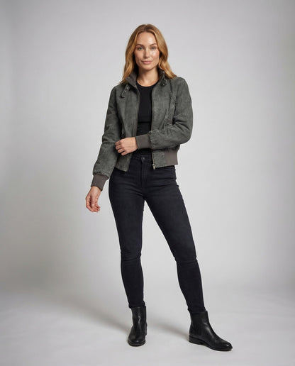 Damen Bikerjacke Verstellbare Schnallen Leder Schwarz - Eveloria