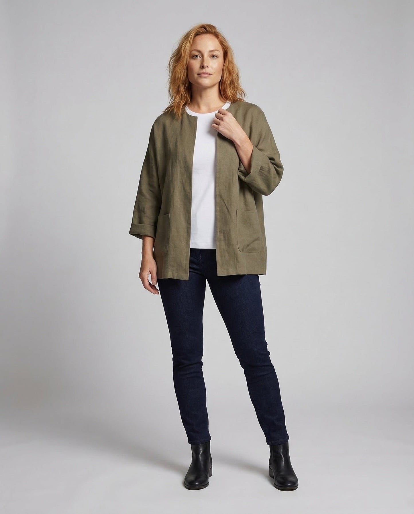Damen Leinenjacke Kimono-Style Dreiviertel-Ärmel - Eveloria