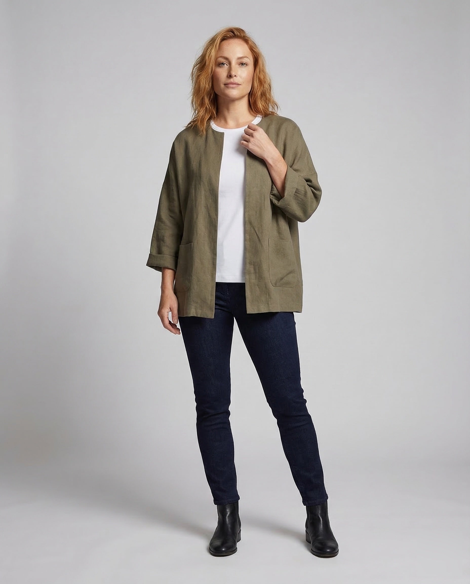 Damen Leinenjacke Kimono-Style Dreiviertel-Ärmel - Eveloria