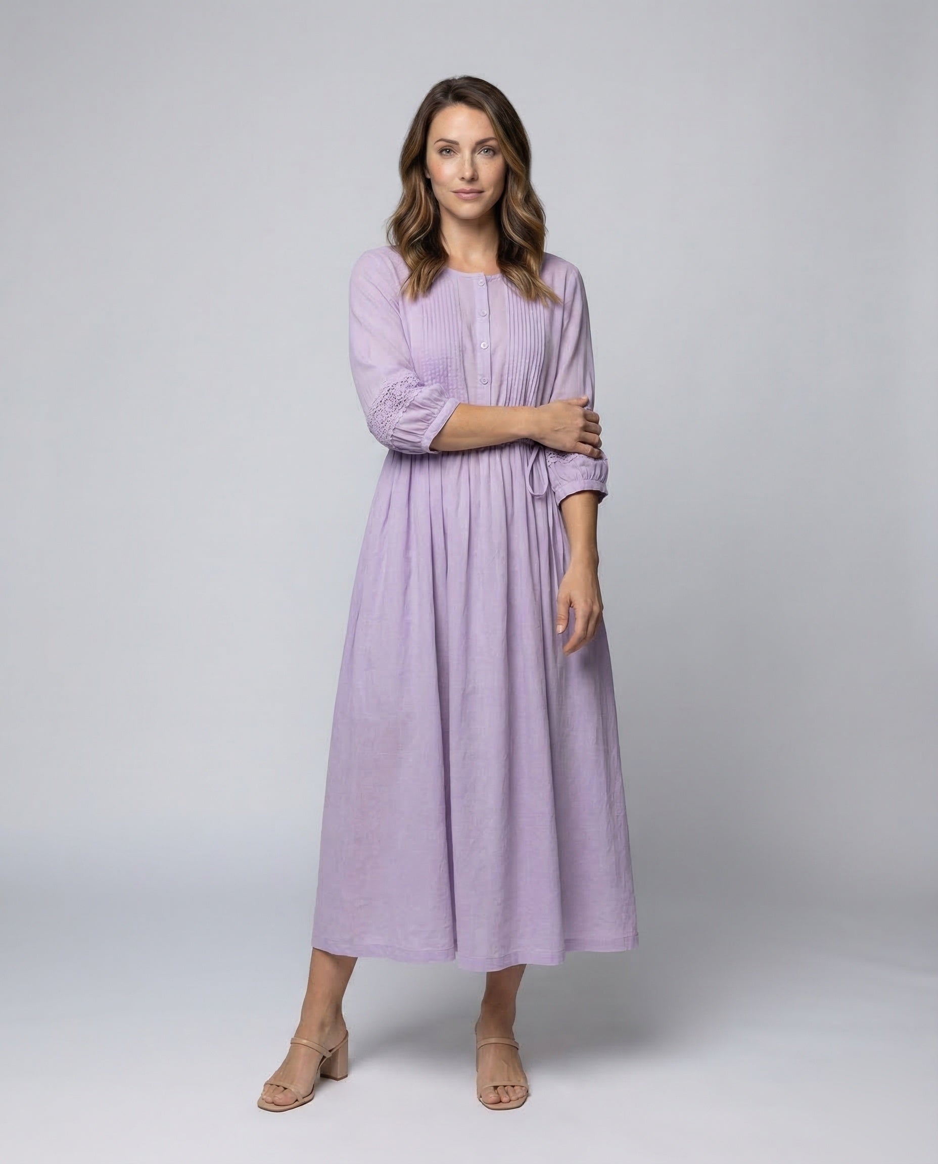 Damen Maxikleid Leinen mit Spitzeneinsatz Beige - Eveloria