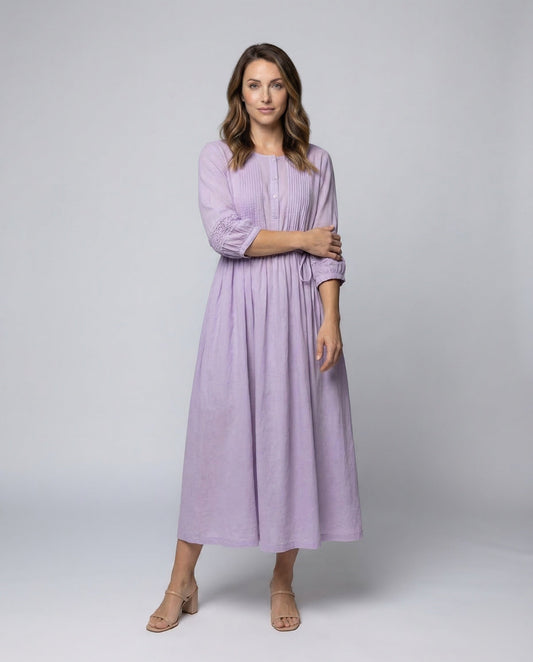 Damen Maxikleid Leinen mit Spitzeneinsatz Beige - Eveloria