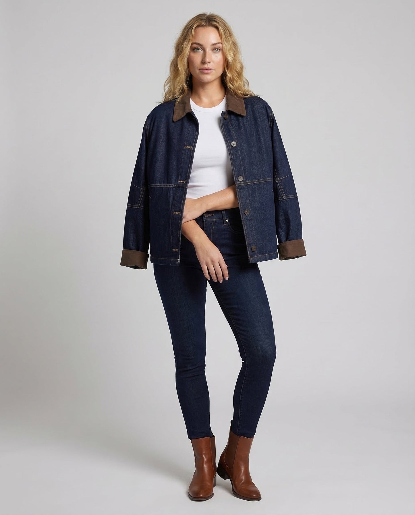 Damen Oversized Jeansjacke mit Velourskragen - Eveloria