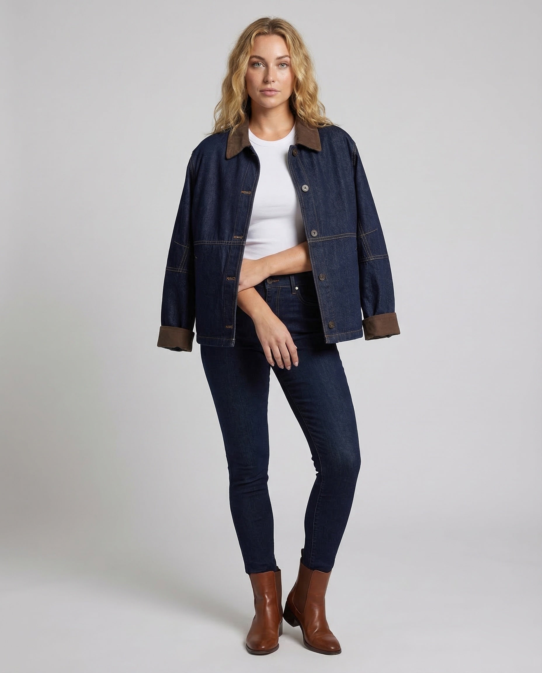 Damen Oversized Jeansjacke mit Velourskragen - Eveloria