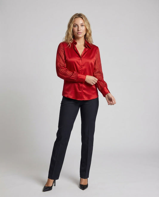Damen Satinbluse Transparente Streifen - Eveloria