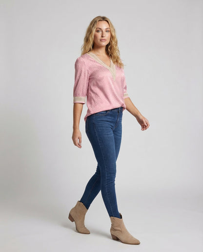 Damen Bluse V-Ausschnitt Satin Spitze - Eveloria