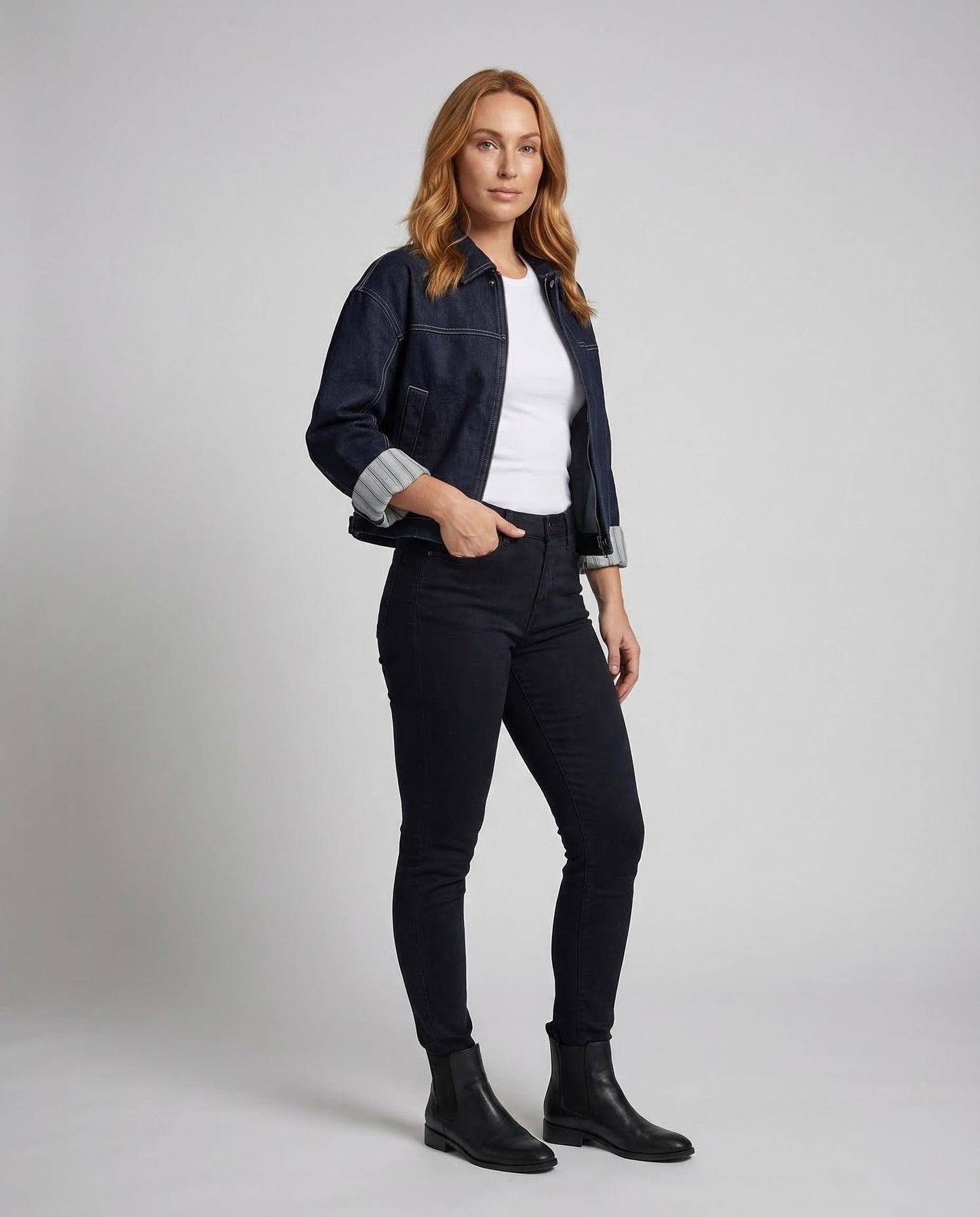 Damen Denimjacke Weite Kontrastnähte Blau - Eveloria