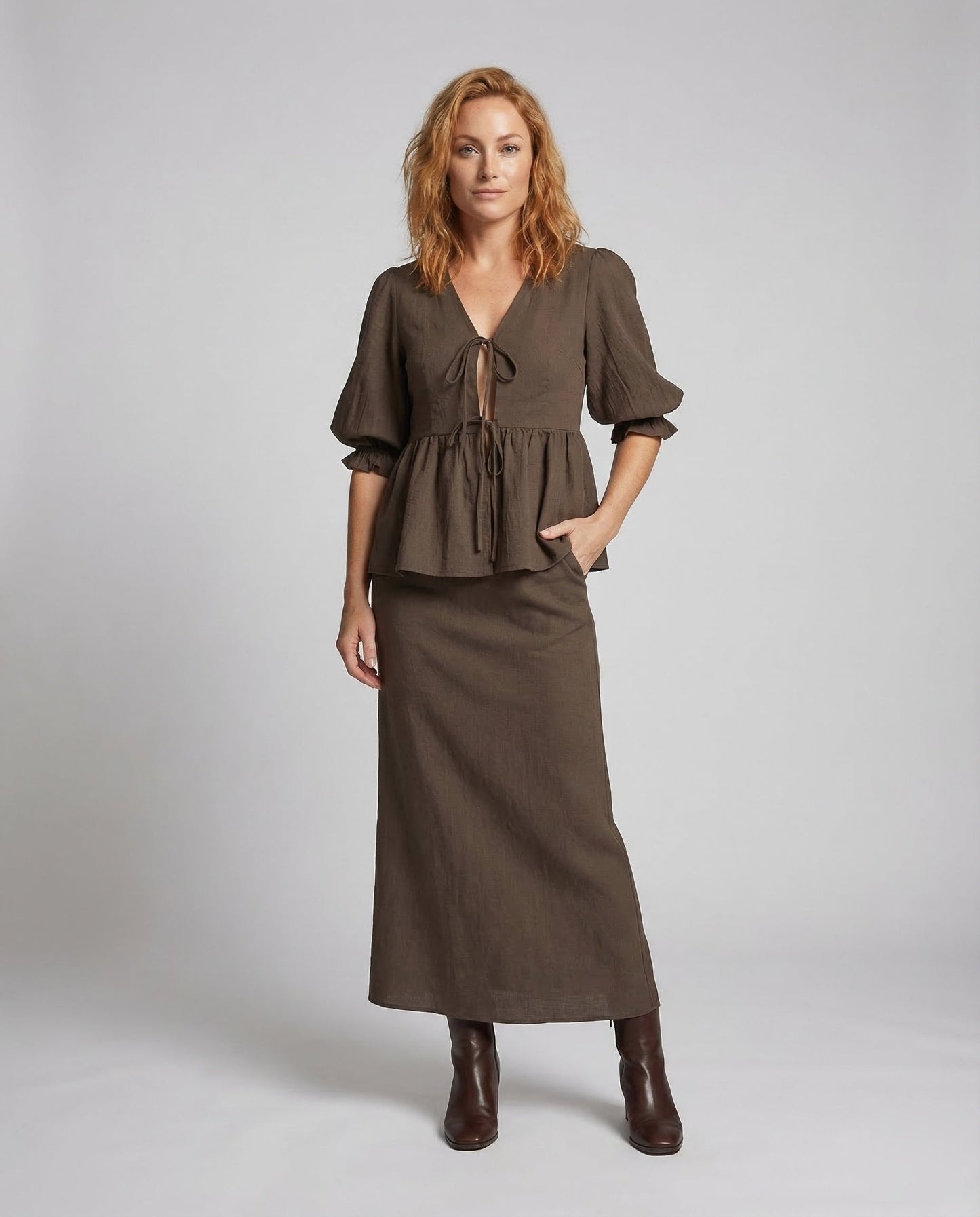 Damen Bluse-Set mit Rock Tailliert Maxilänge - Eveloria