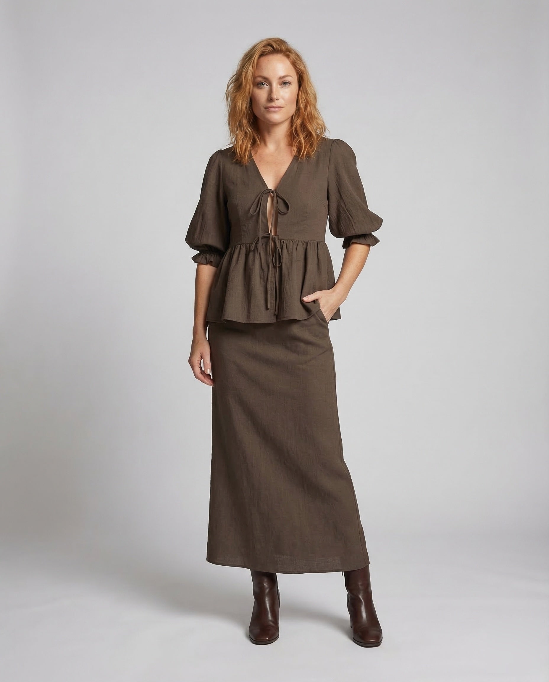 Damen Bluse-Set mit Rock Tailliert Maxilänge - Eveloria