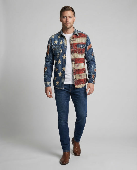 Herren Jeanshemd Slim-Fit Flaggenmotiv Blau - Eveloria