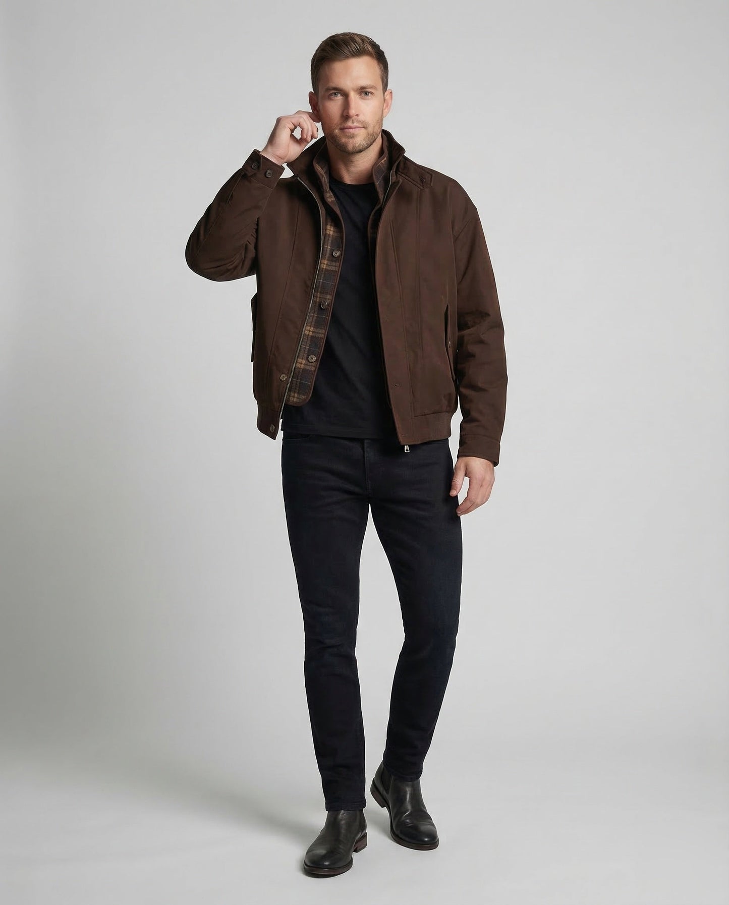 Herren Bomberjacke Kragenriegel Nylon Schwarz - Eveloria