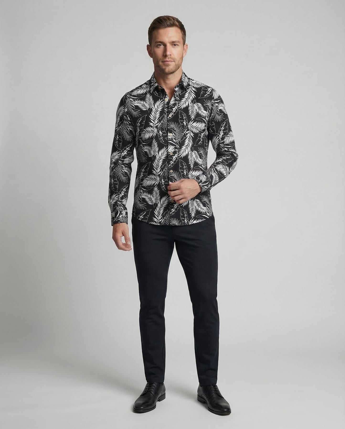 Herren Langarmhemd Blattprint Baumwolle - Eveloria