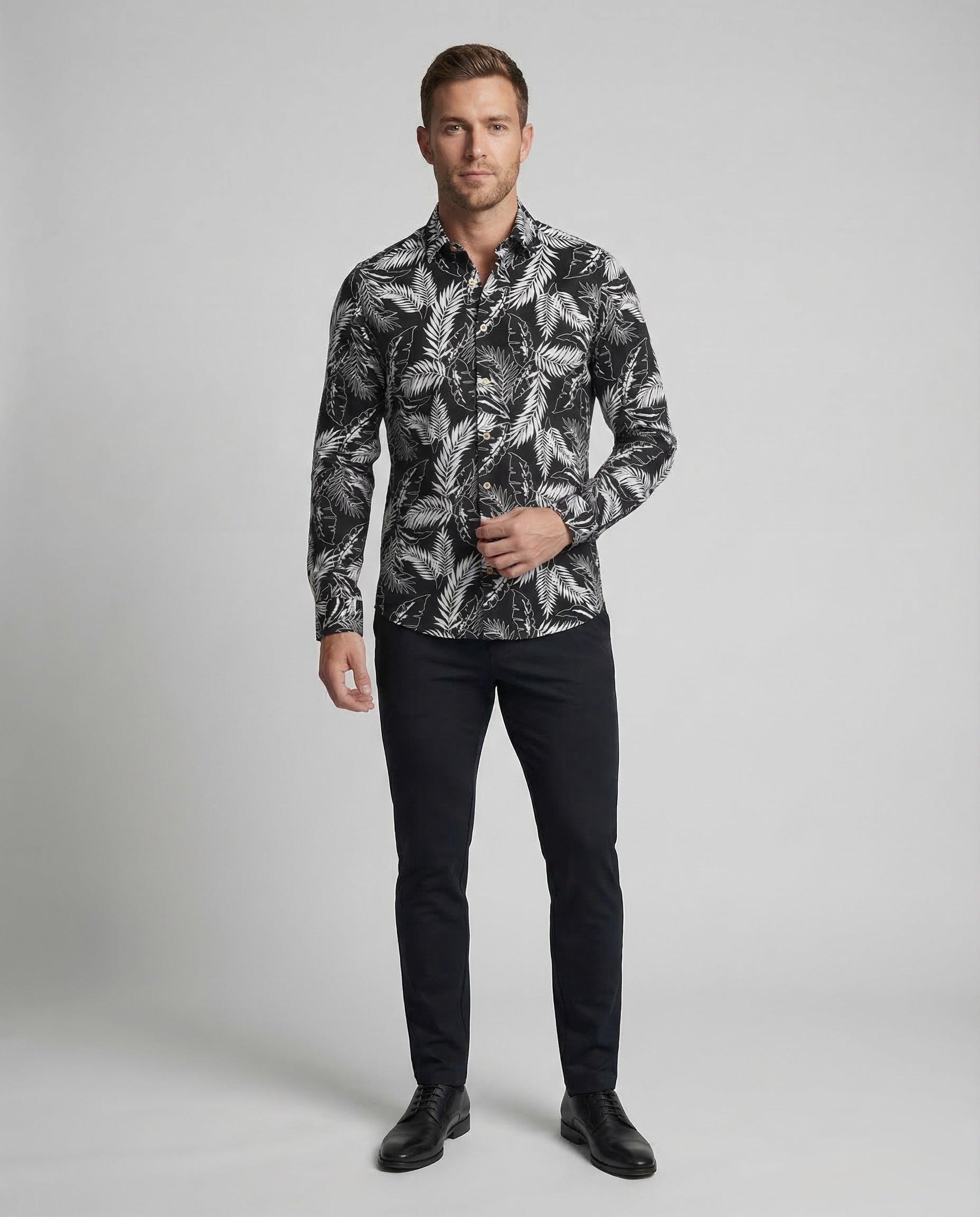 Herren Langarmhemd Blattprint Baumwolle - Eveloria