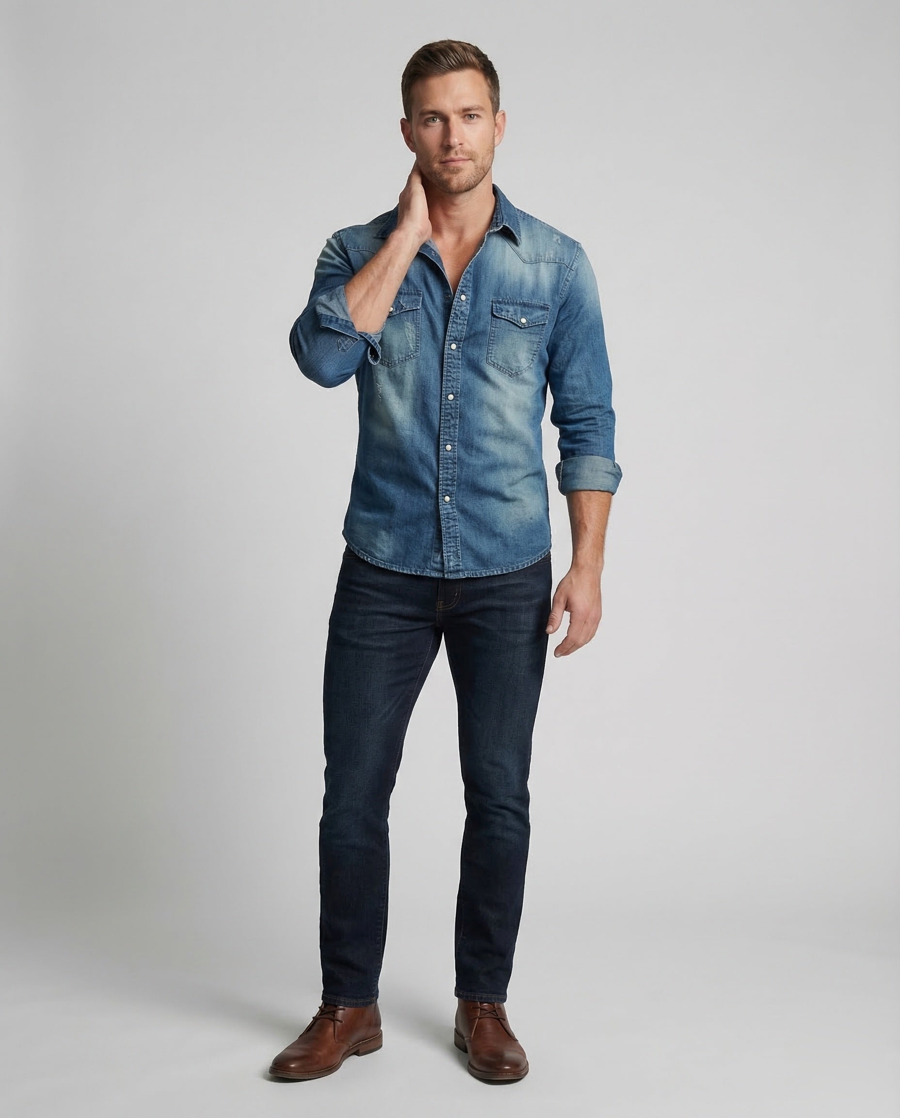 Herren Denimhemd Tailliert Druckknöpfe Blau - Eveloria