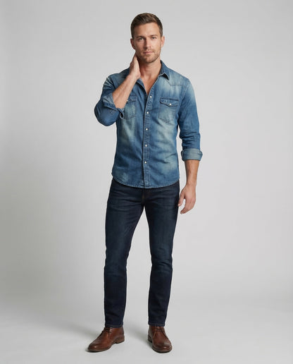 Herren Denimhemd Tailliert Druckknöpfe Blau - Eveloria