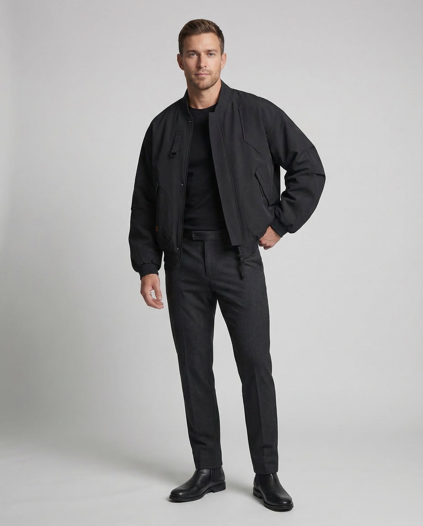 Herren Pilotenjacke D-Ring Leder Schwarz - Eveloria