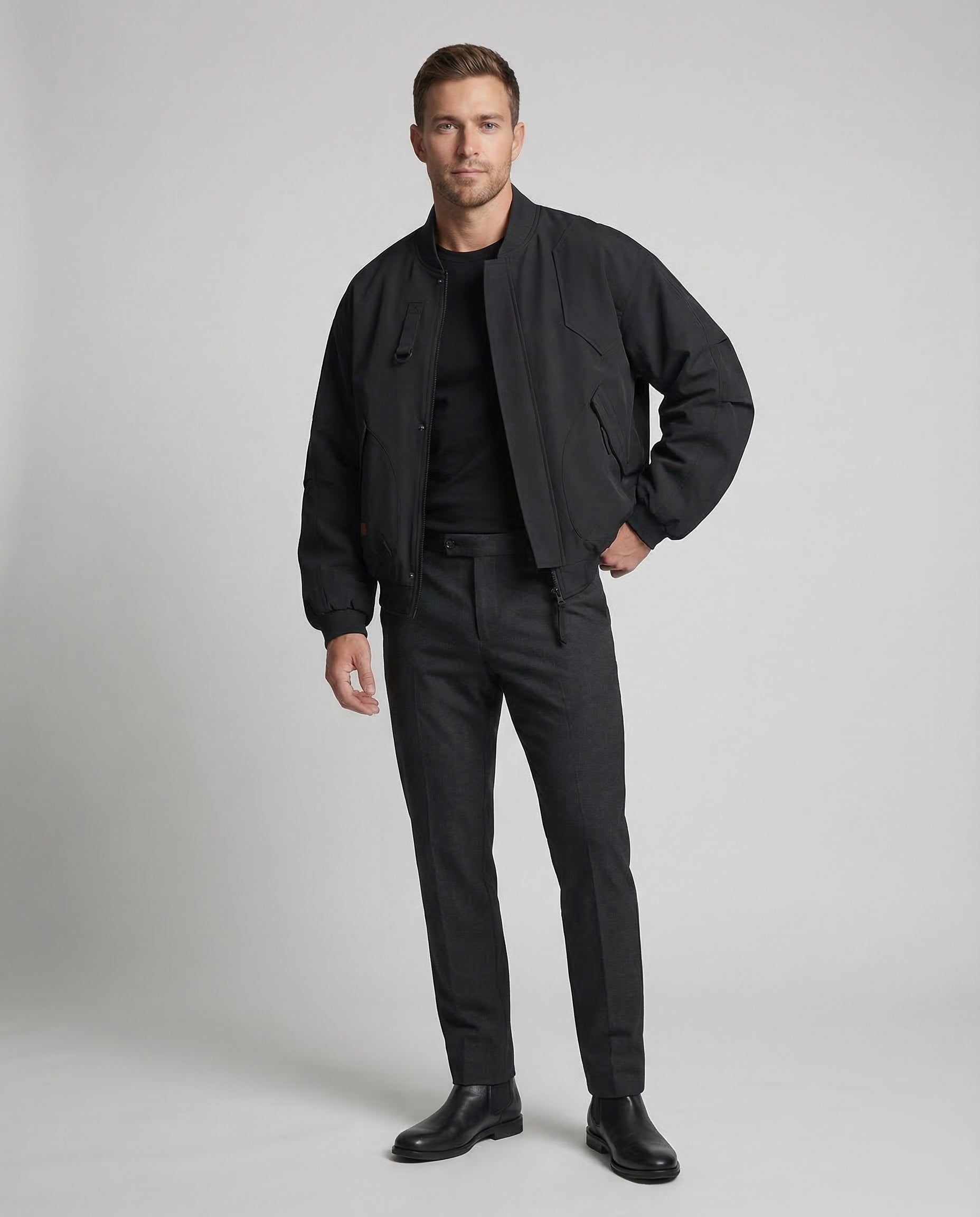 Herren Pilotenjacke D-Ring Leder Schwarz - Eveloria
