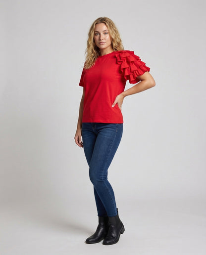 Damen Asymmetrisches T-Shirt Stufenrüsche Volant-Style - Eveloria