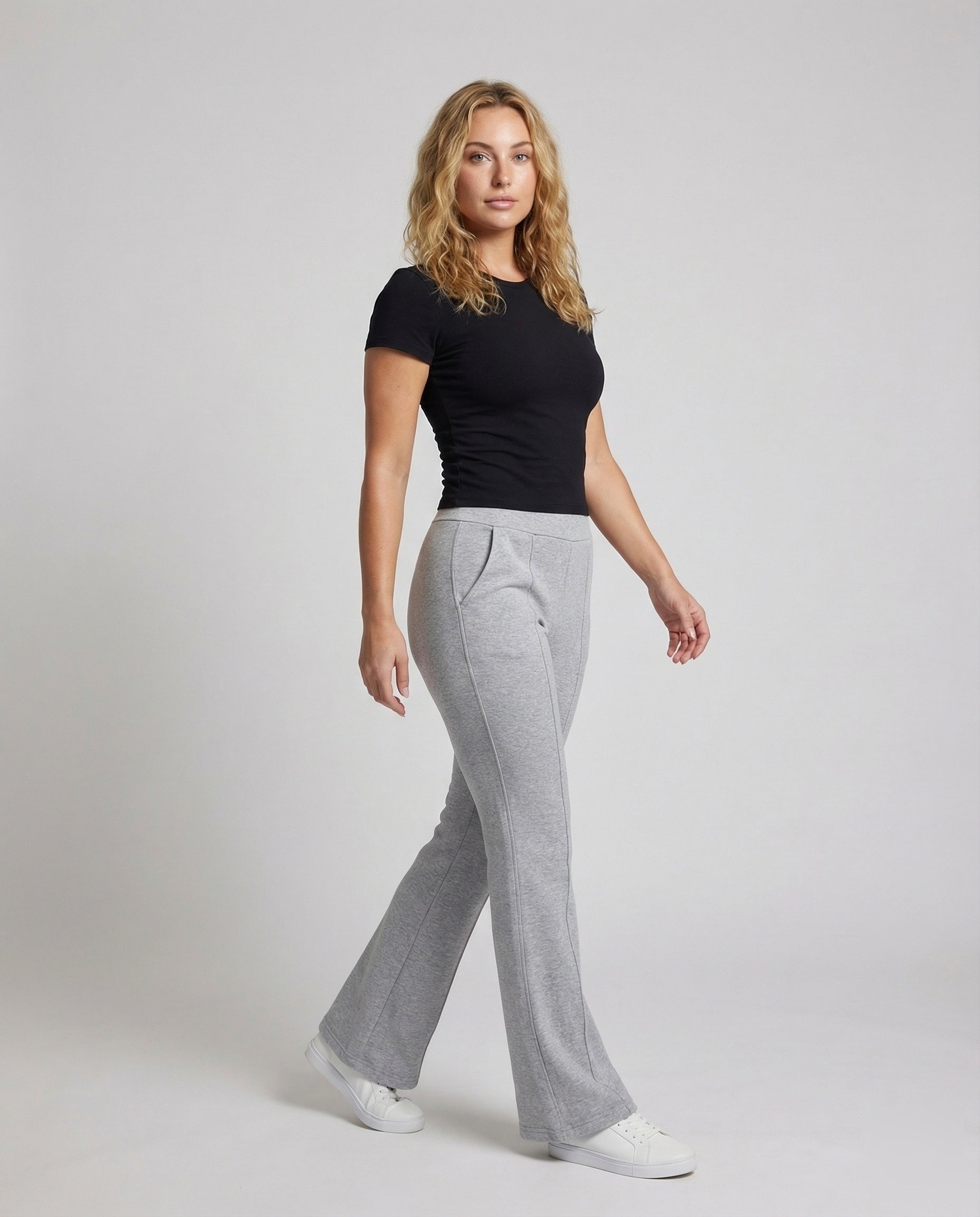 Damen Loungehose Ausgestellt Angerauter Sweatstoff Schwarz - Eveloria