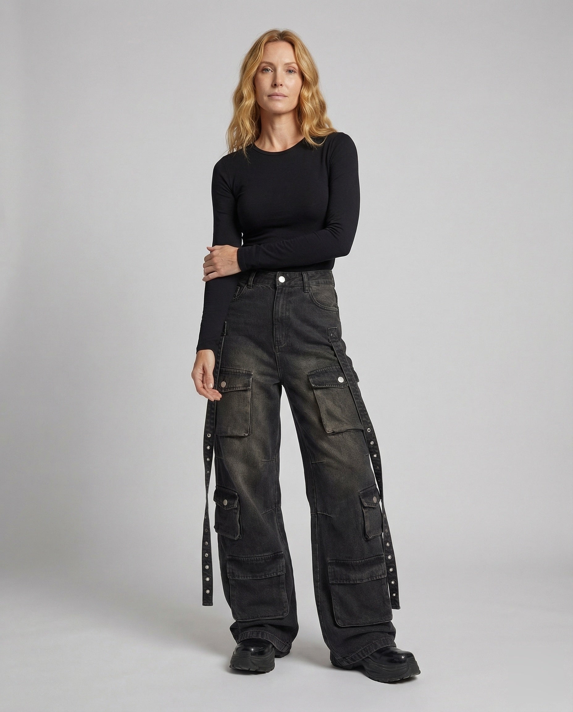 Damen Arbeitshose Baggy Jeans mit Seitengurten - Eveloria