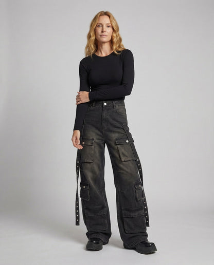 Damen Arbeitshose Baggy Jeans mit Seitengurten - Eveloria
