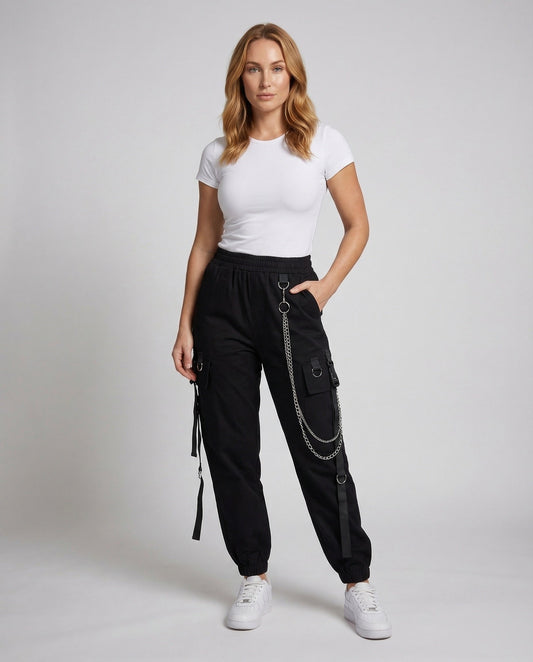Damen Cargo-Joggerhose mit Zierbändern Baumwolle Schwarz - Eveloria