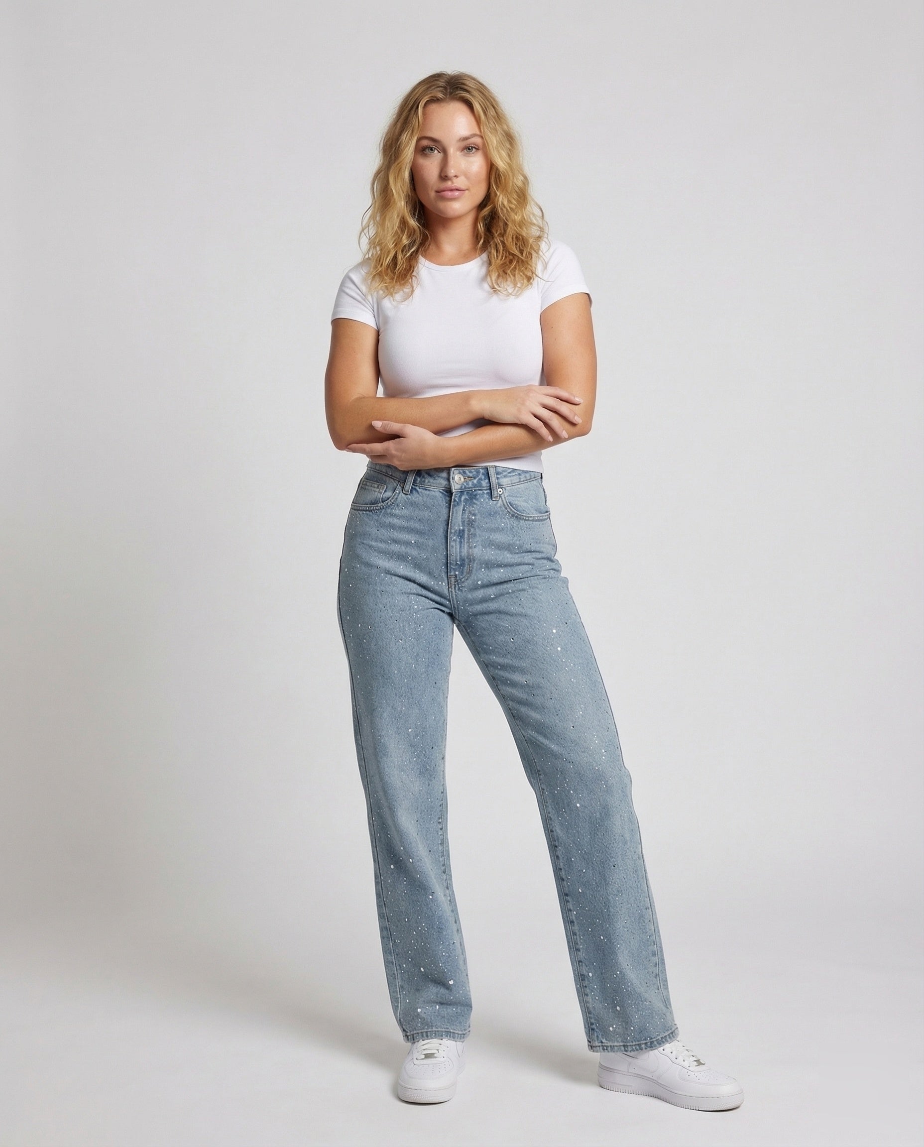 Damen Straight Jeans Mit Strasssteinen - Eveloria