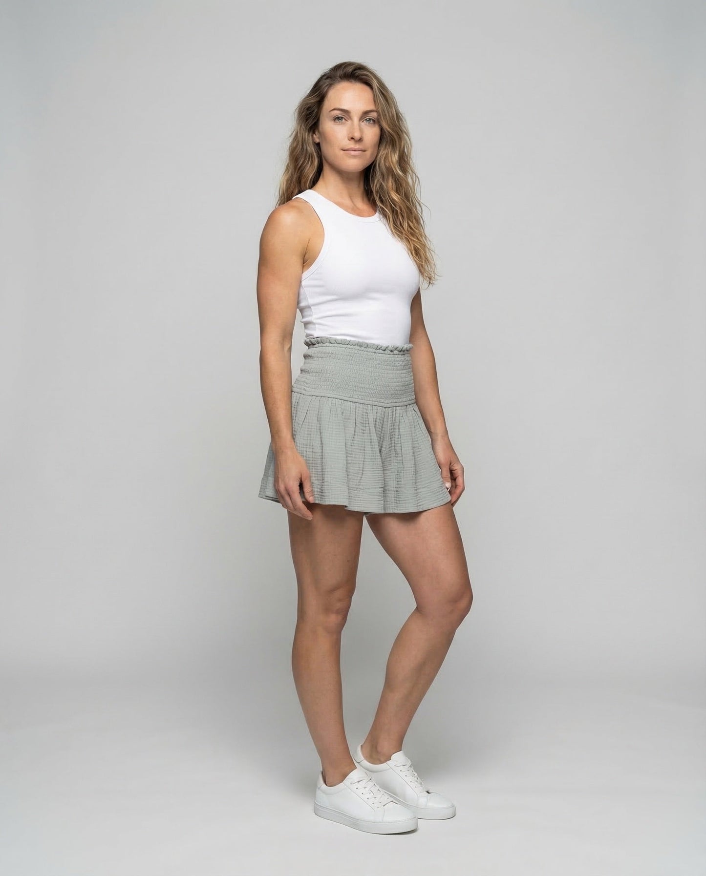 Damen Baumwoll Shorts Breiter Bund Beige - Eveloria