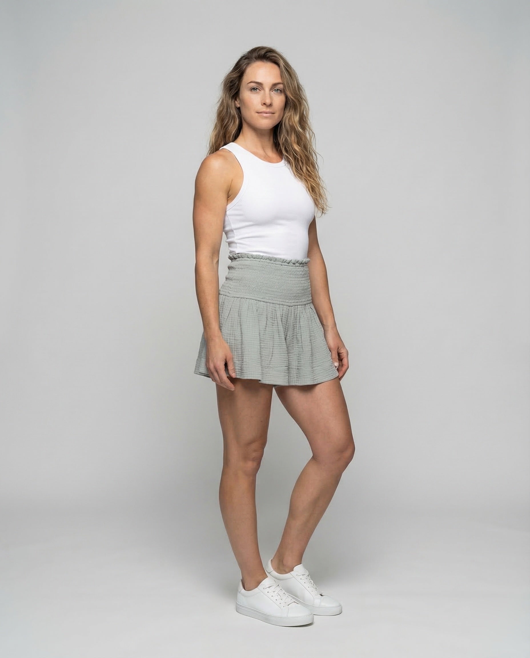 Damen Baumwoll Shorts Breiter Bund Beige - Eveloria