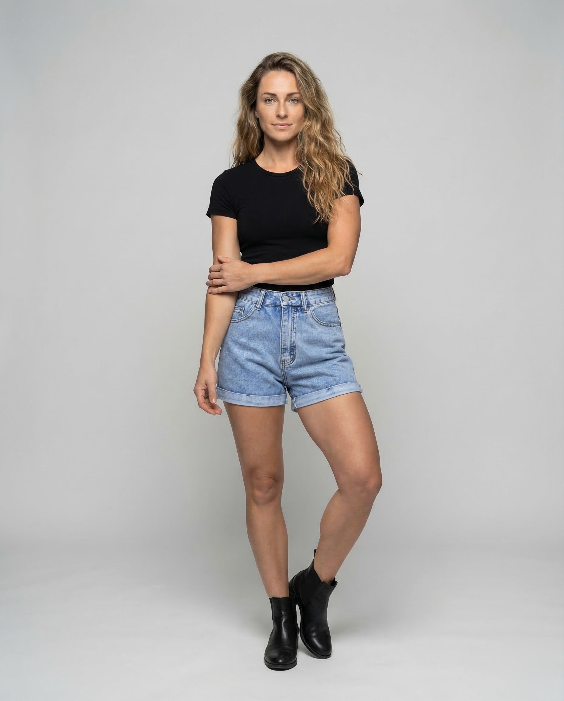 Damen Jeansshorts Hoher Bund Umschlagsaum - Eveloria