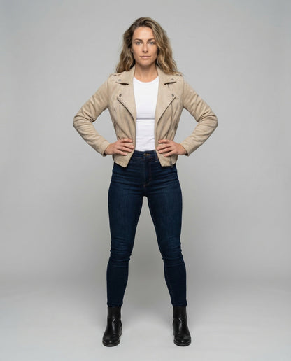 Damen Lederjacke Bikerstil mit Kapuze und Asymmetrischem - Eveloria