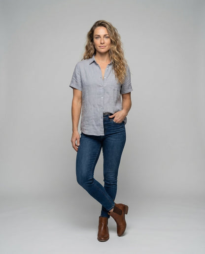 Damen Leinenbluse Offener V-Ausschnitt - Eveloria