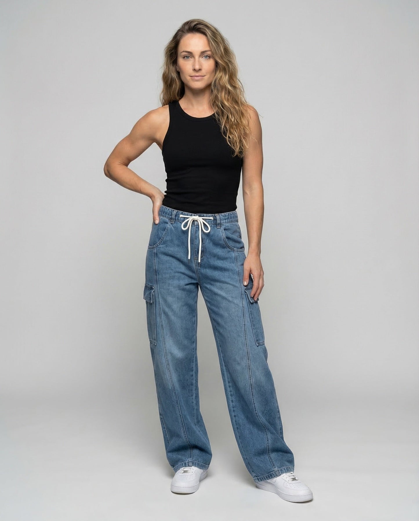 Damen Baggyhose Jeans Cargotaschen Tunnelzugbund - Eveloria