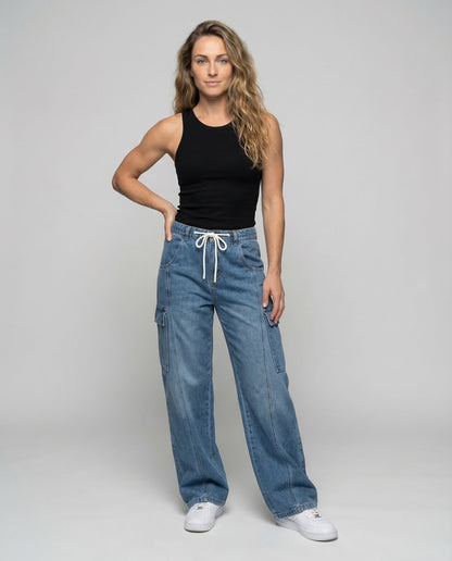 Damen Baggyhose Jeans Cargotaschen Tunnelzugbund - Eveloria