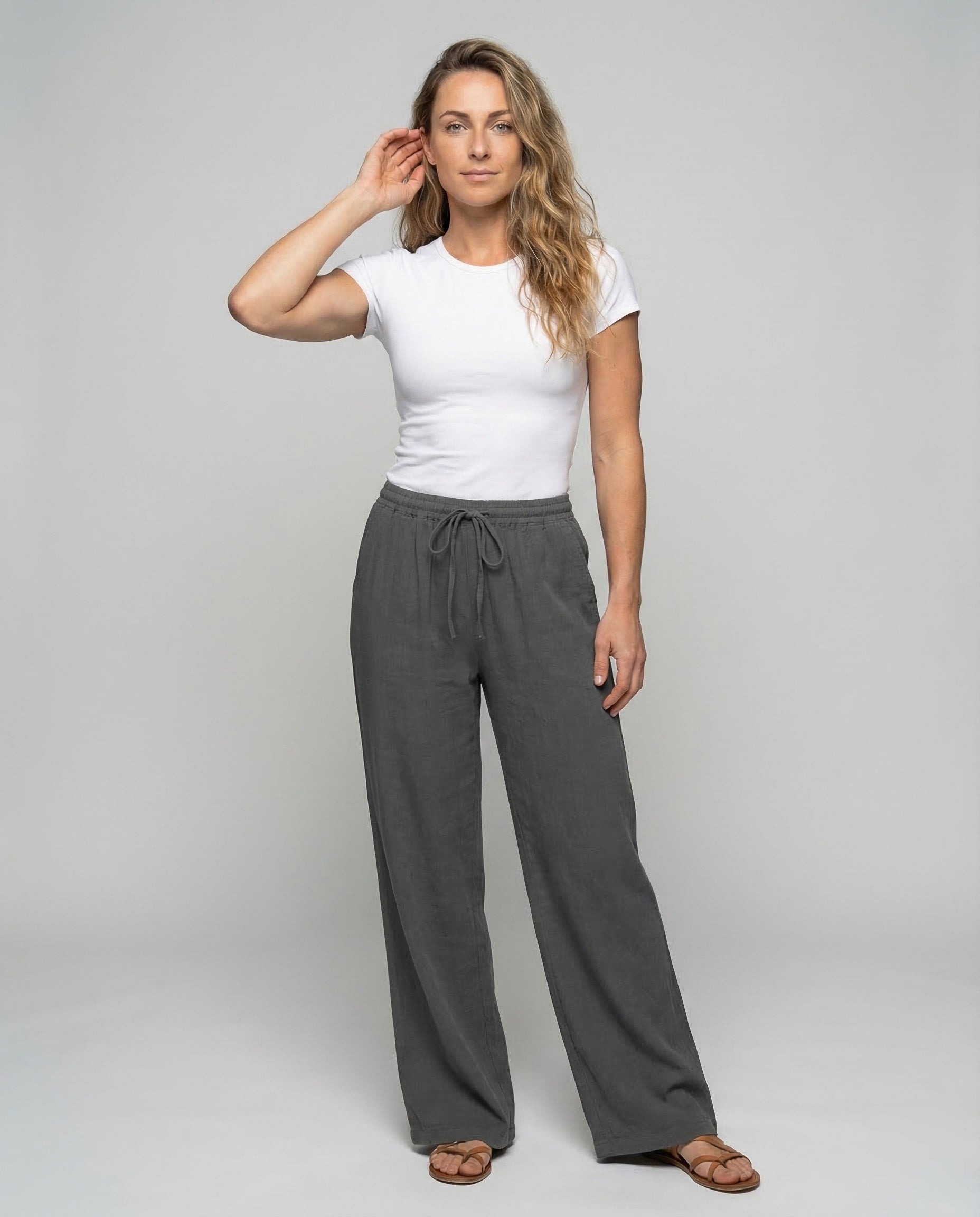Damen Weitbein-Hose Leinenmix Tunnelzugbund Beige - Eveloria
