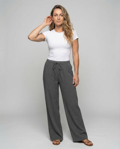 Damen Weitbein-Hose Leinenmix Tunnelzugbund Beige - Eveloria