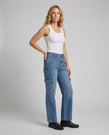 Damen Cargohose Extra Weite Denim Schwarz - Eveloria