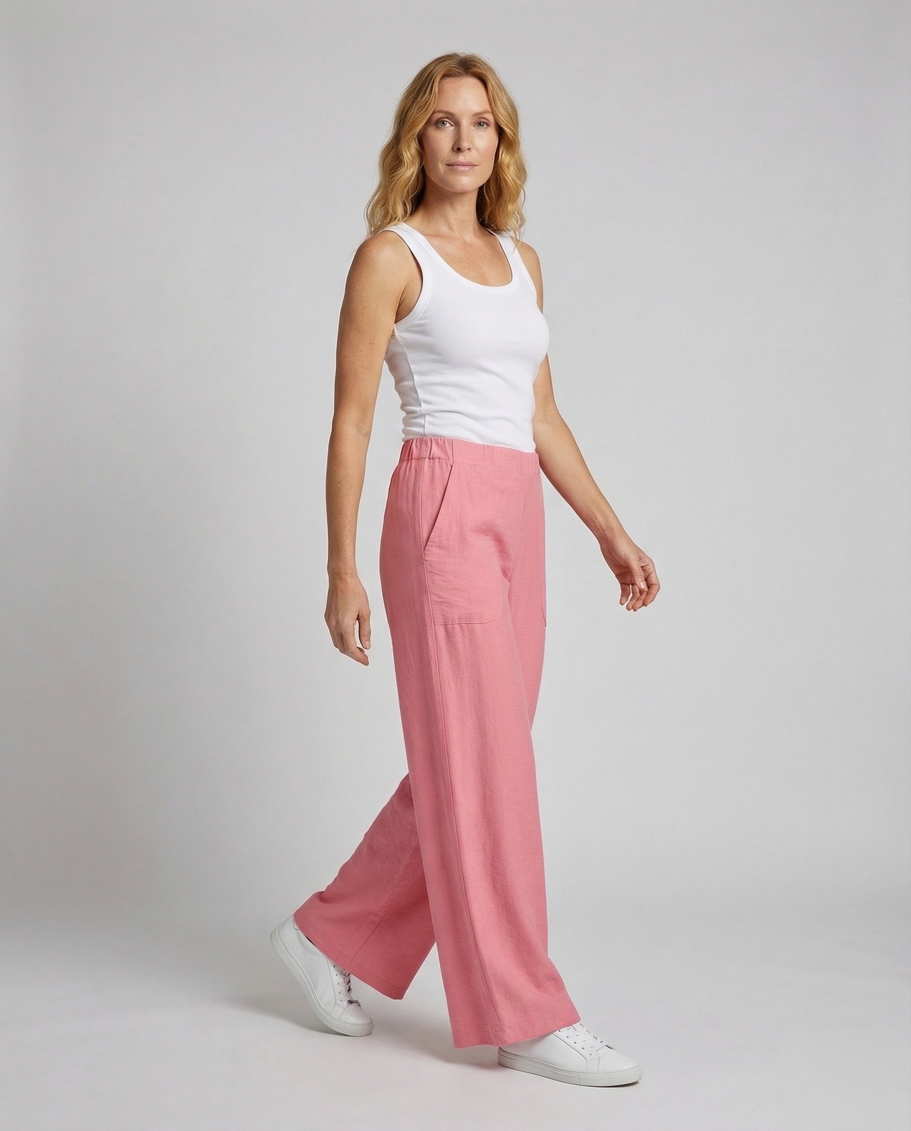 Damen Leinenmix Palazzohose Hochbund Beige - Eveloria