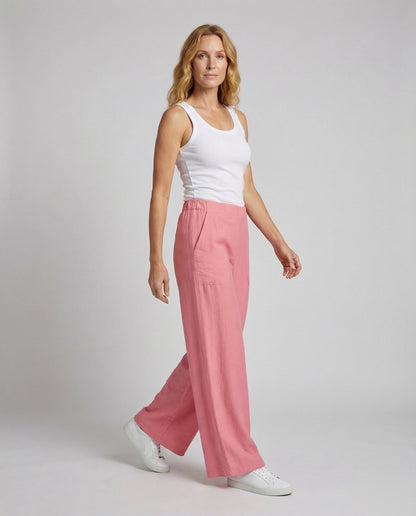 Damen Leinenmix Palazzohose Hochbund Beige - Eveloria