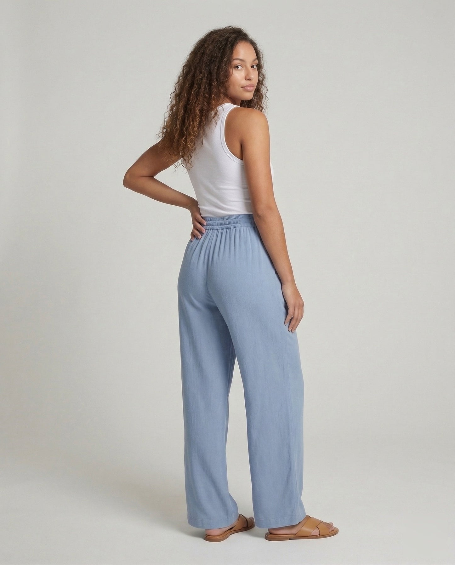 Damen Palazzo-Hose Leinenoptik mit Tunnelzugbund