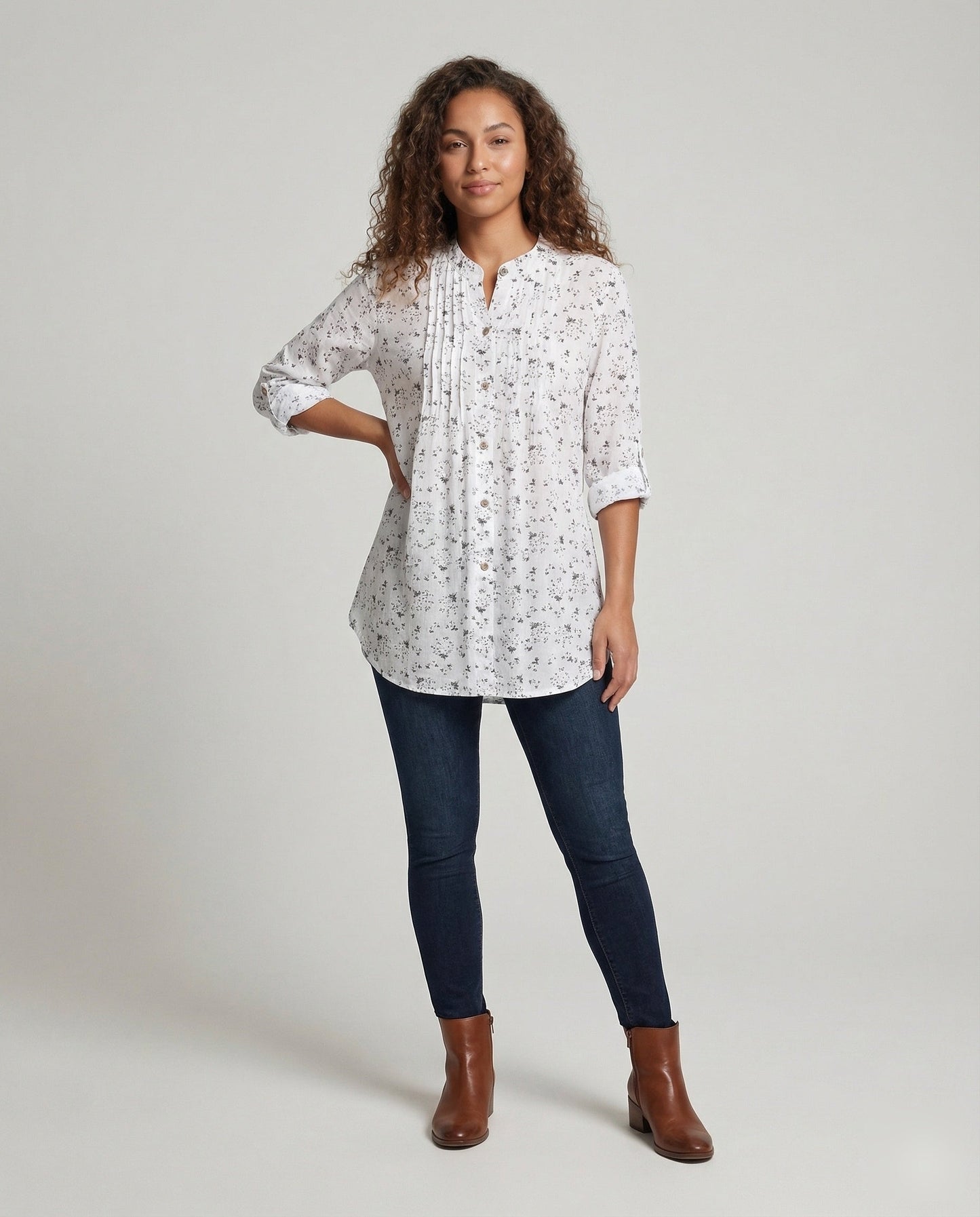 Damen Tunika Bluse mit Stehkragen und Brustfalten - Eveloria