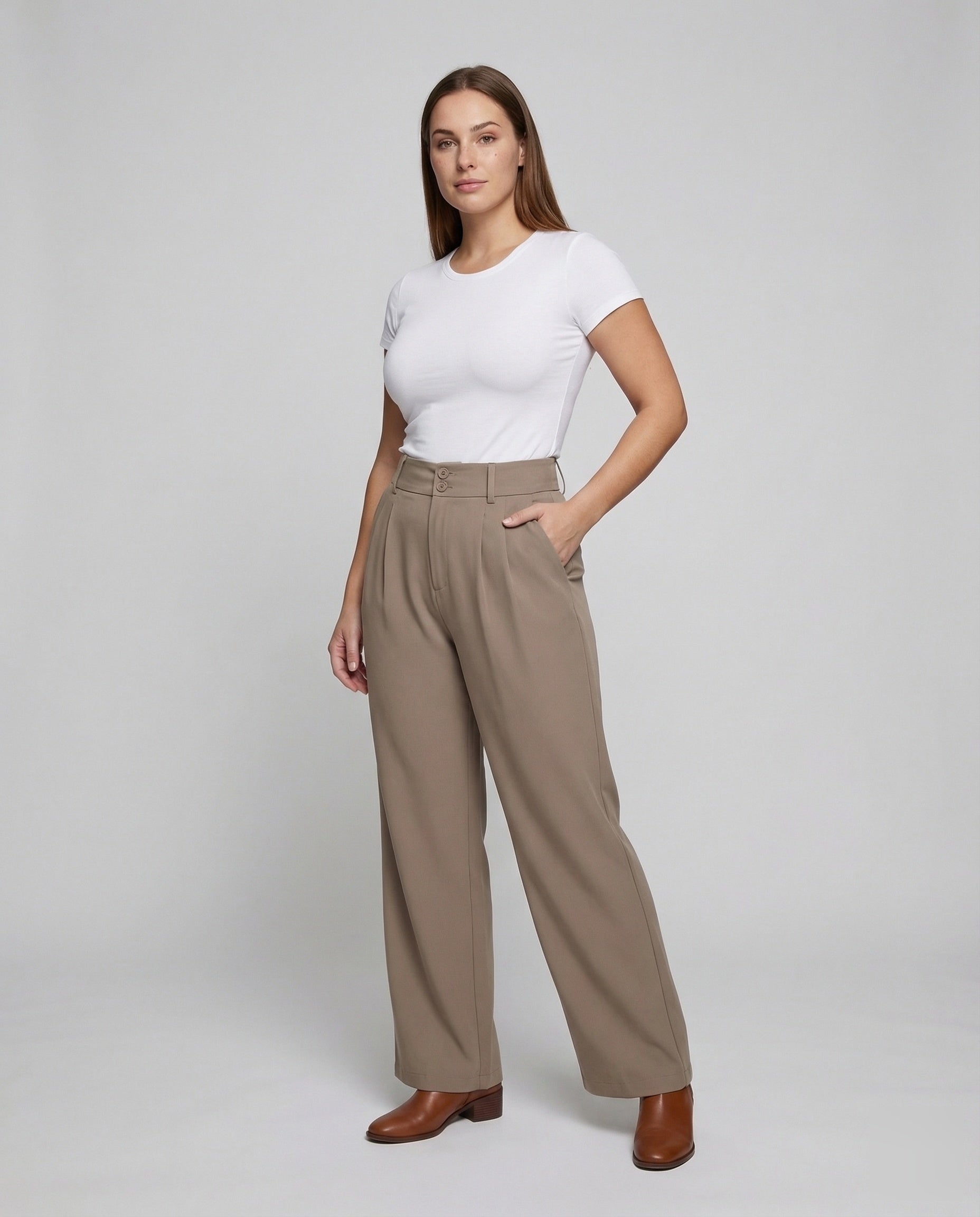 Damen Hochtaillen-Hose Doppelte Bundblende Schwarz - Eveloria