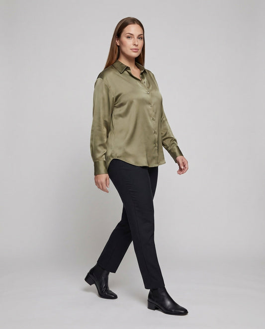 Damen Satin Bluse Verlängerter Rücken Schwarz - Eveloria