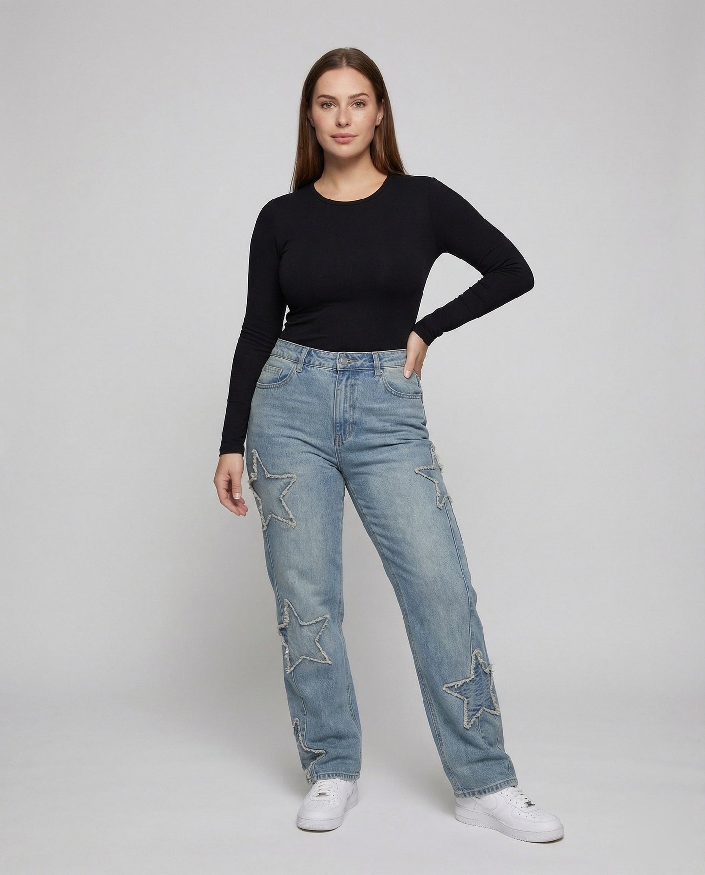 Damen Retro Jeans Gesteppte Stern Applikationen - Eveloria