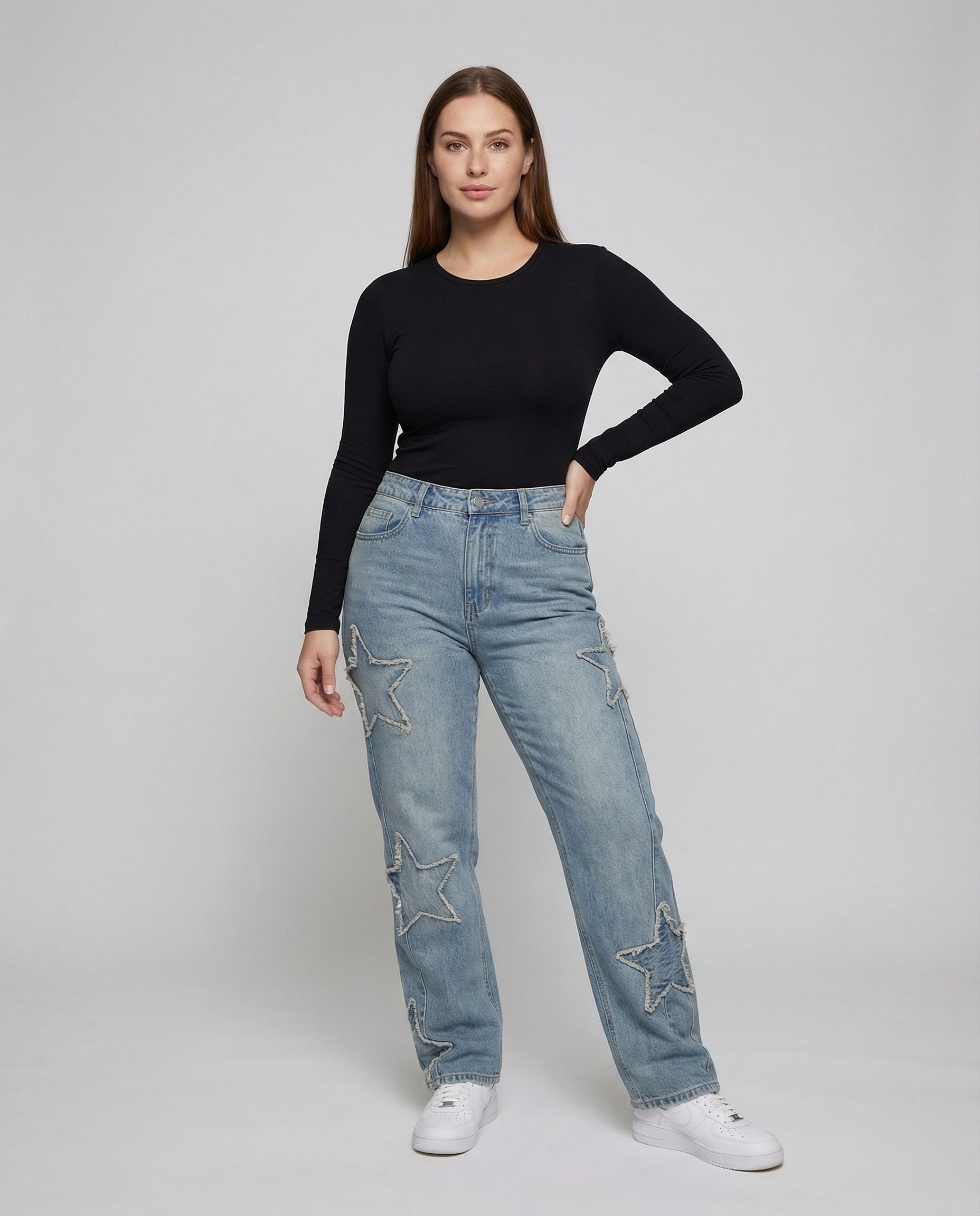 Damen Retro Jeans Gesteppte Stern Applikationen - Eveloria