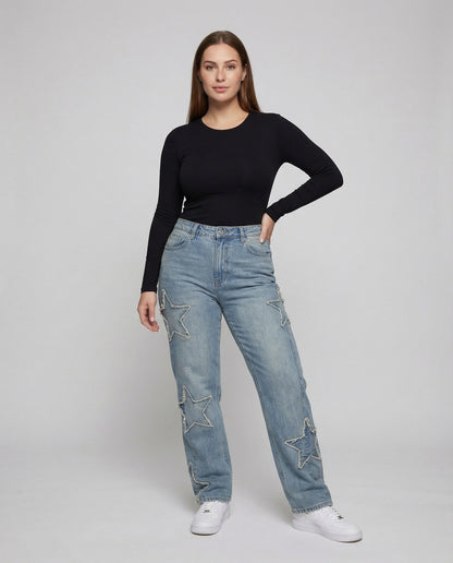 Damen Retro Jeans Gesteppte Stern Applikationen - Eveloria
