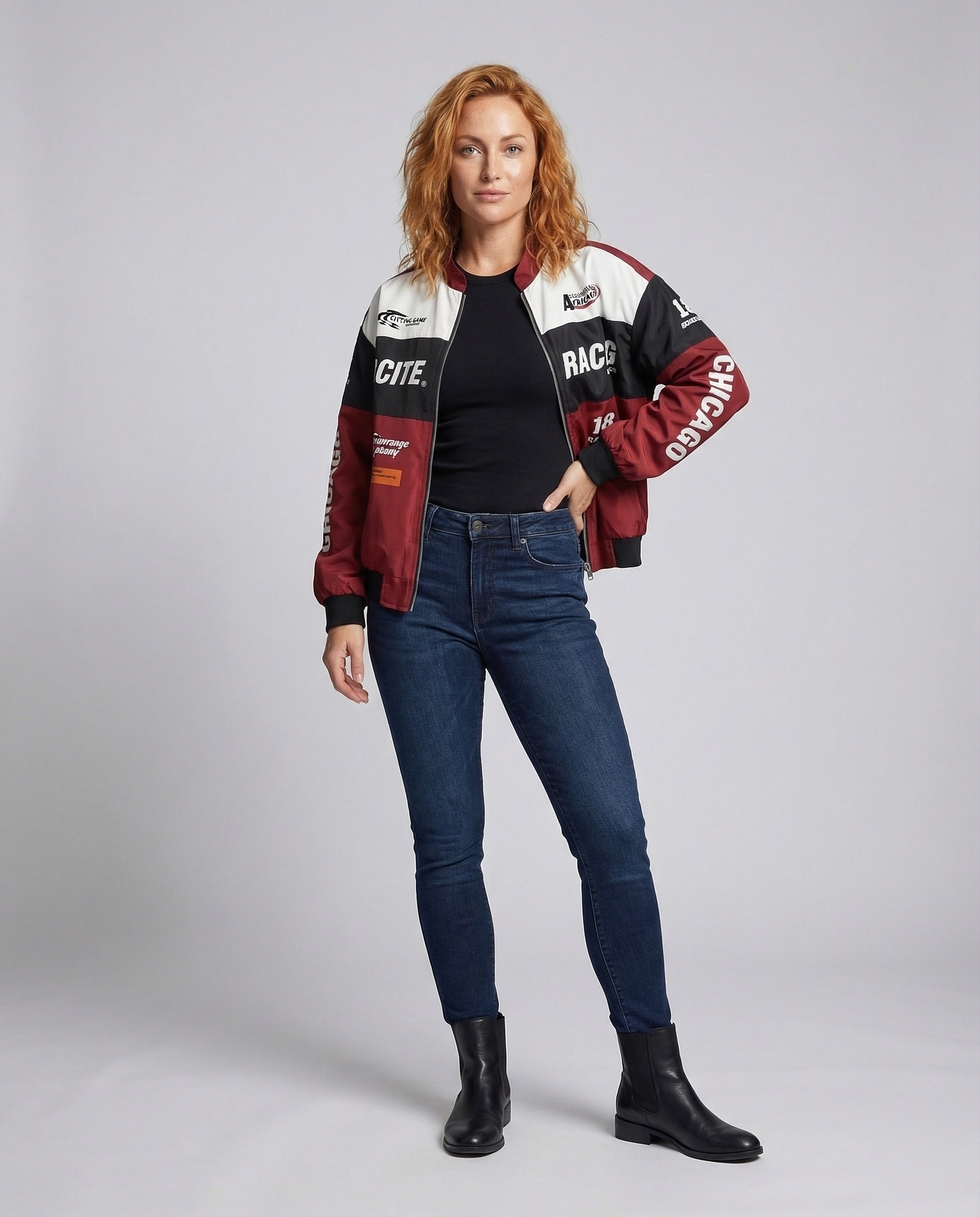 Damen Bomberjacke Rennsport-Stil Stehkragen - Eveloria